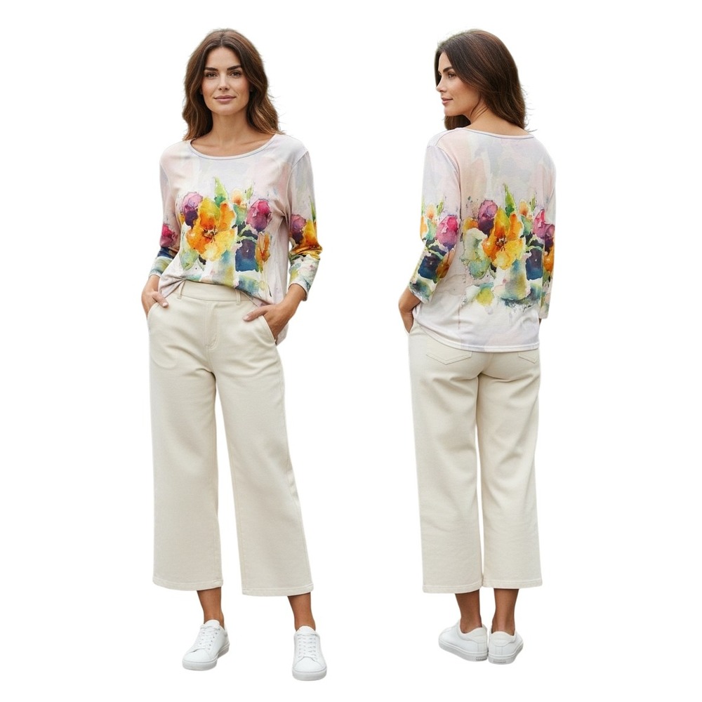 Serengeti Womens Watercolor Floral Print 3/4 Sleeve Top Blouse Large Multi Color